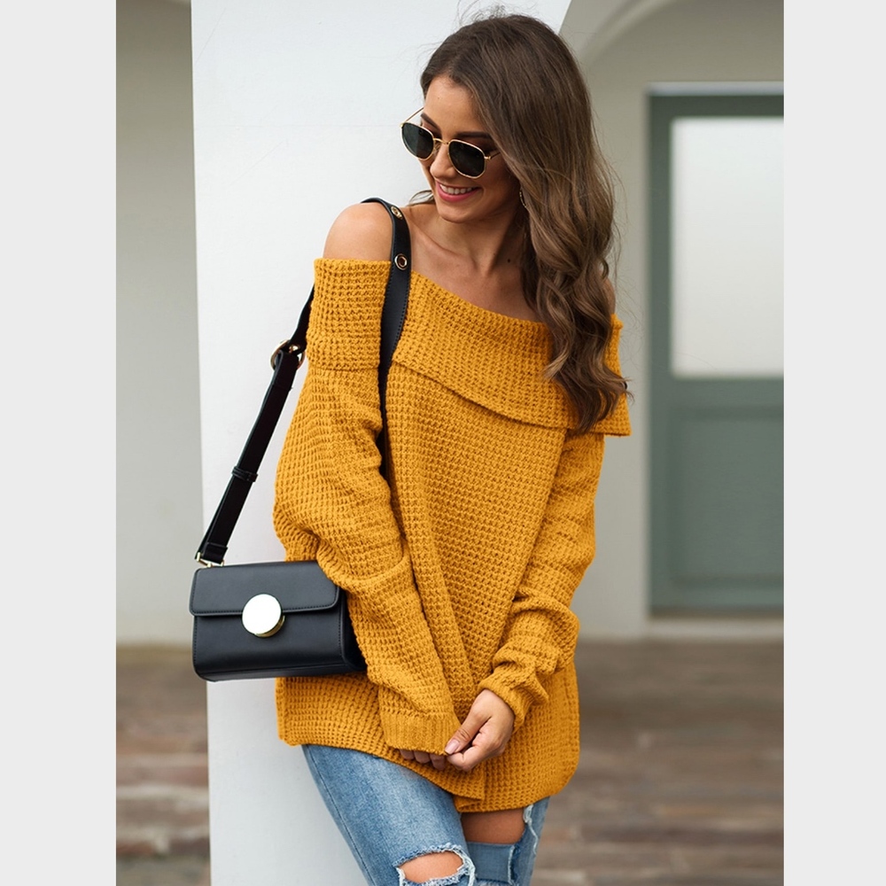 Ginger Yellow Off Shoulder Fold Over Sweater - Picture 4 of 7